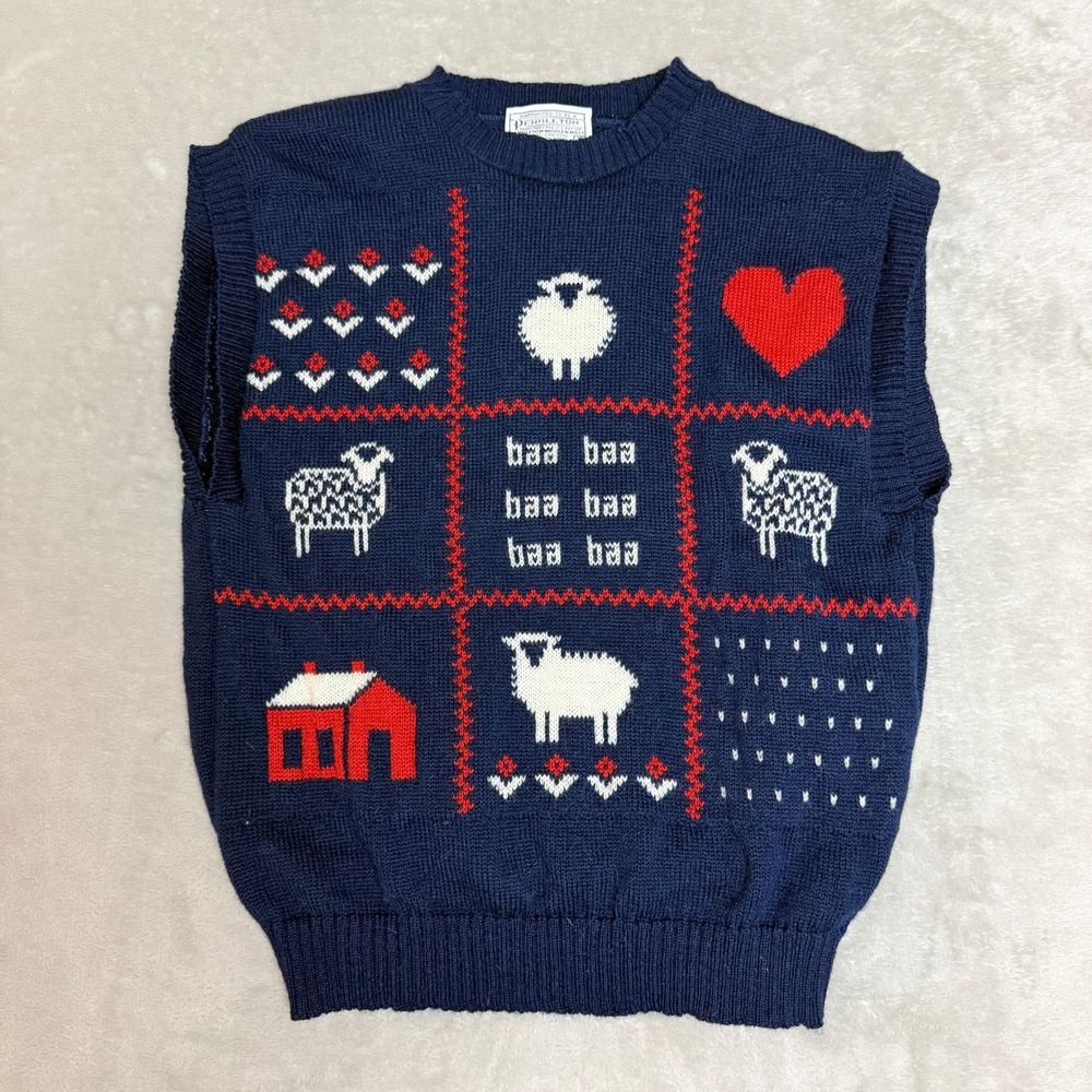 Vintage Pendleton Sheep Novelty Sweater Vest Womens S Blue Wool Tic Tac Toe USA